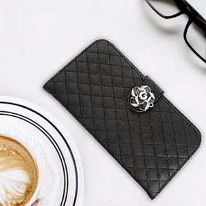 Bling Camellia Design Grid PU Leather Wallet Stand